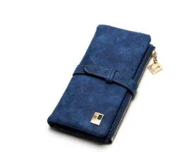 Korean retro long wallet in PU leather showing vertical design, zip closure, and open view of internal compartments.