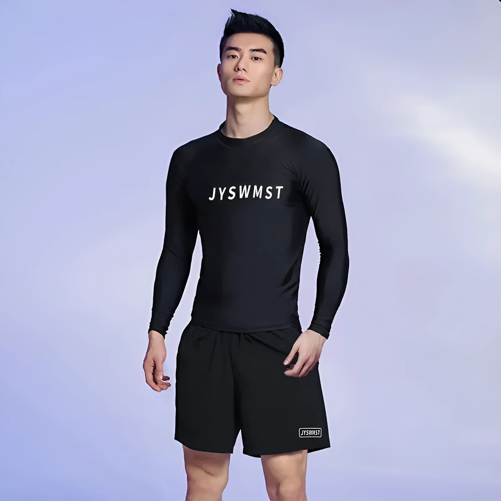 Men's patterned two-piece swimsuit set showing top and trousers on a size chart background.