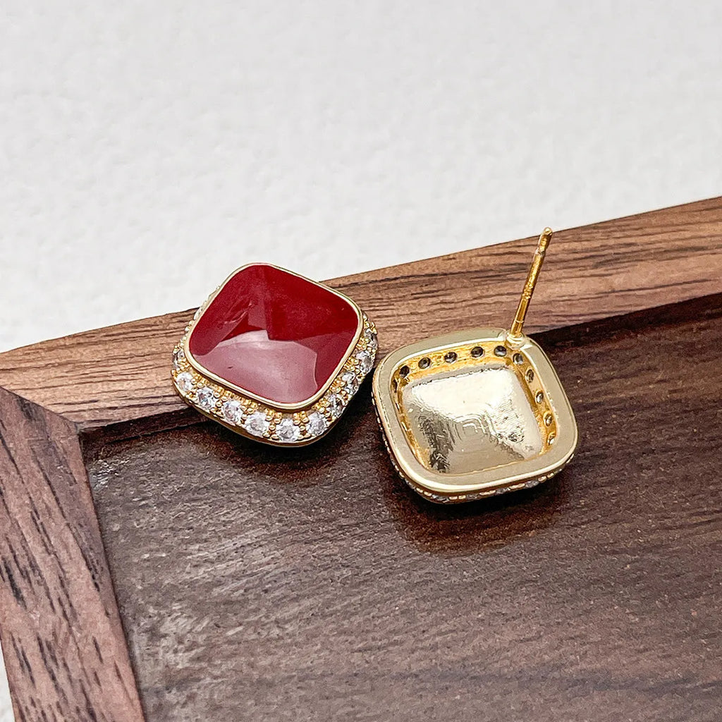 Red geometric square alloy drop earrings with retro style and seiko treatment