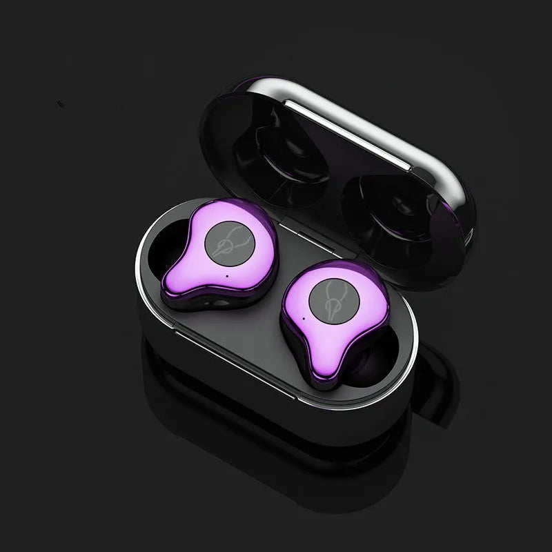 Wireless TWS Bluetooth headset in charging case with colour options including Coffee, Grey, and Purple