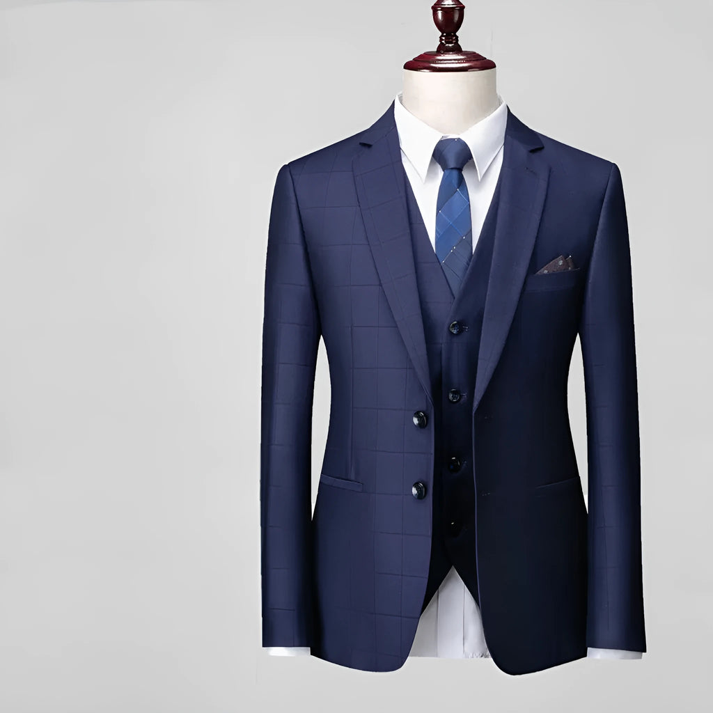 Men's navy blue plaid three-piece slim fit business casual suit with jacket, vest, and trousers