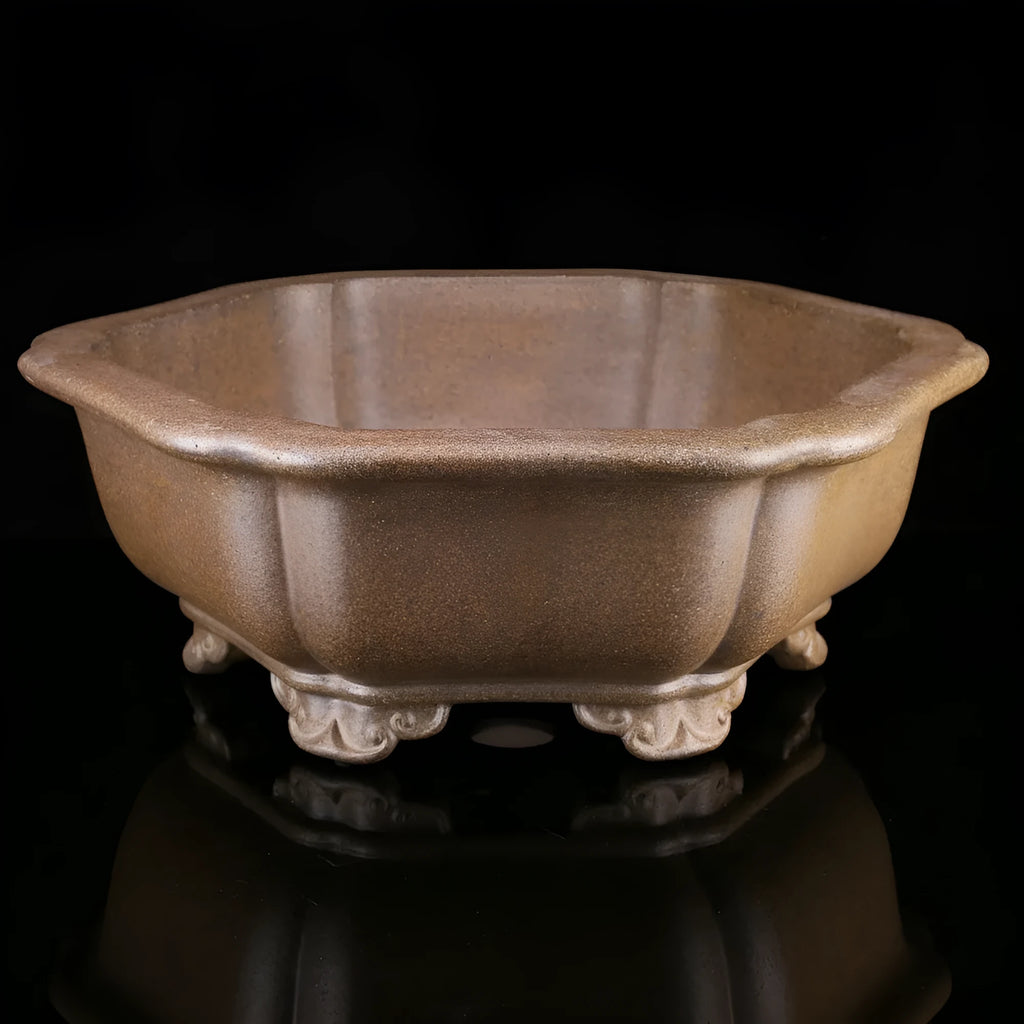 Handmade purple sand plant basin in hexagonal design with traditional Yixing clay construction