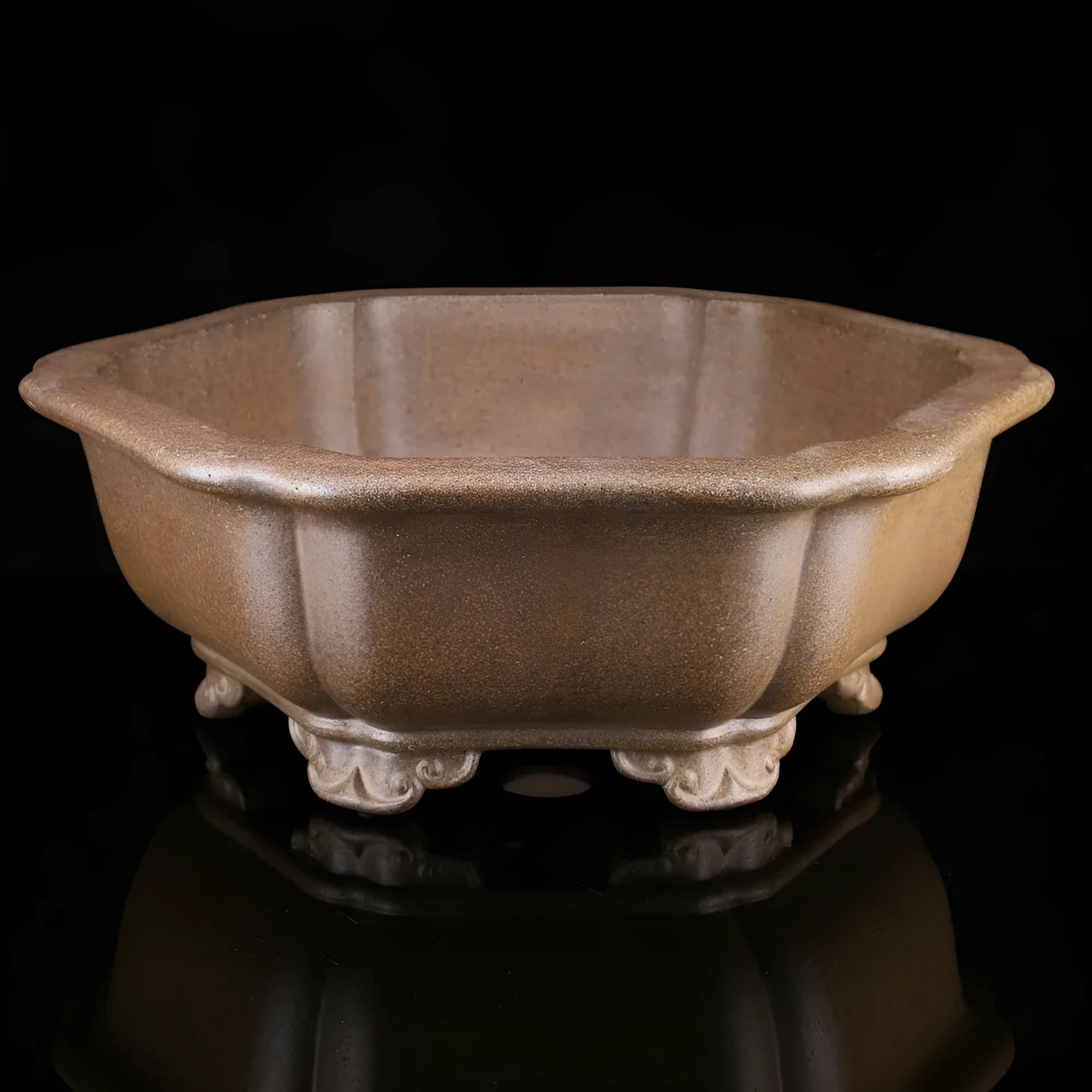 Handmade purple sand plant basin in hexagonal design with traditional Yixing clay construction