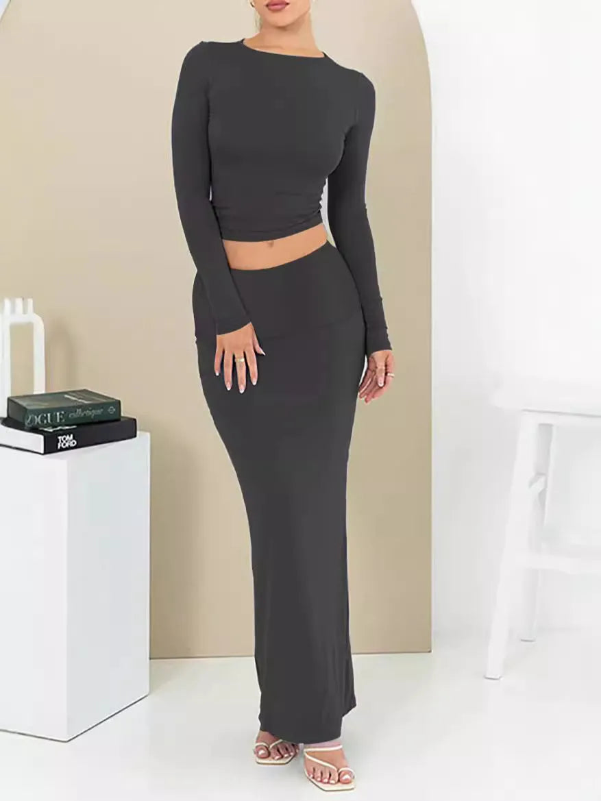 Women's sweet style two-piece suit set with long skirt and three-quarter sleeve top