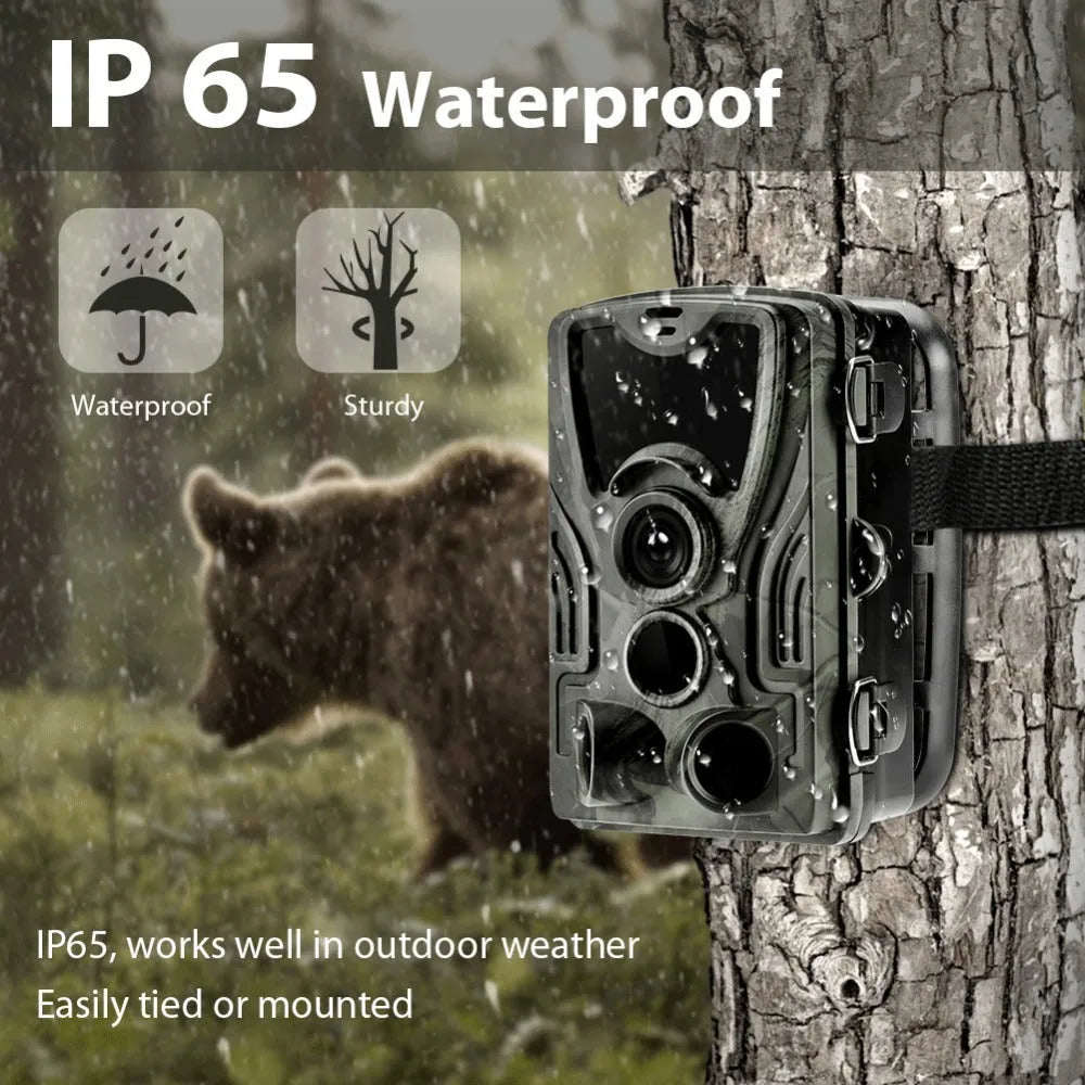 HC801A hunting camera with 36 infrared lights and 2.4-inch LCD screen mounted outdoors