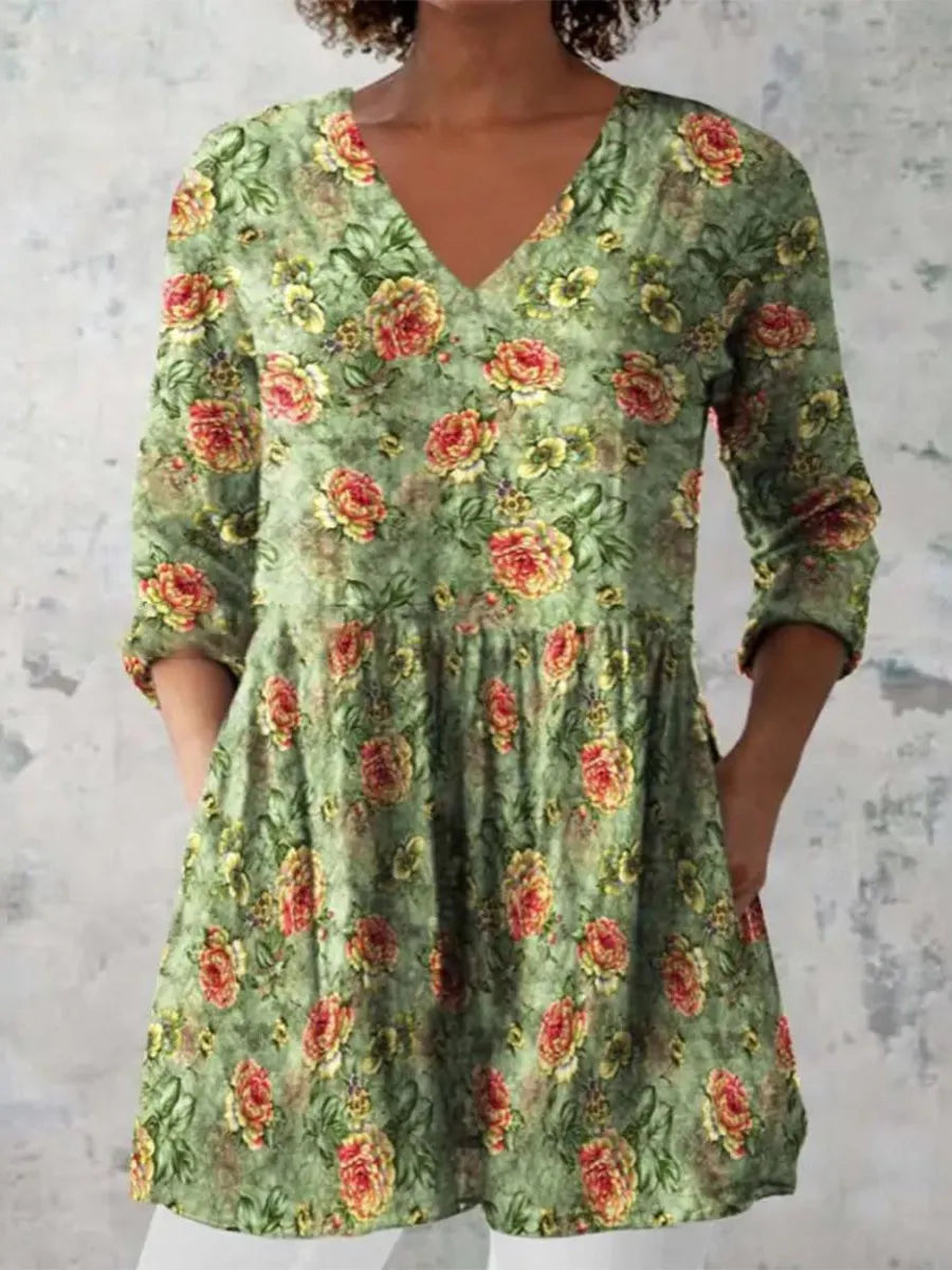 Women's printed wave pattern loose dress with 3/4 sleeves and wide waist design in various colour options