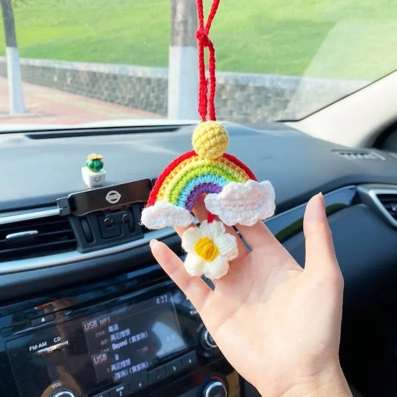 Handmade crocheted avocado with rainbow flower car pendant hanger in wool yarn