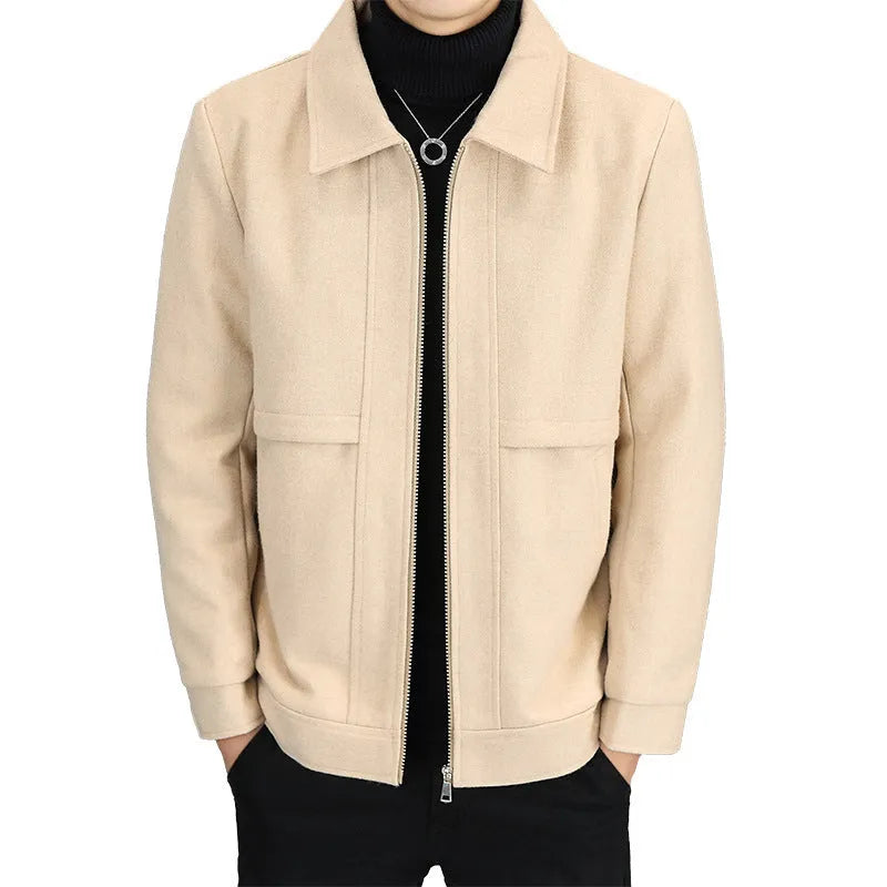 Men's khaki casual jacket with a polo collar and side seam pockets