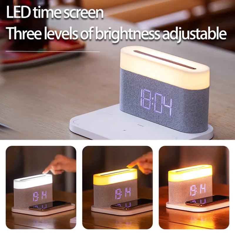 White wireless charging desktop clock with LED display and foldable stand on a wooden desk.