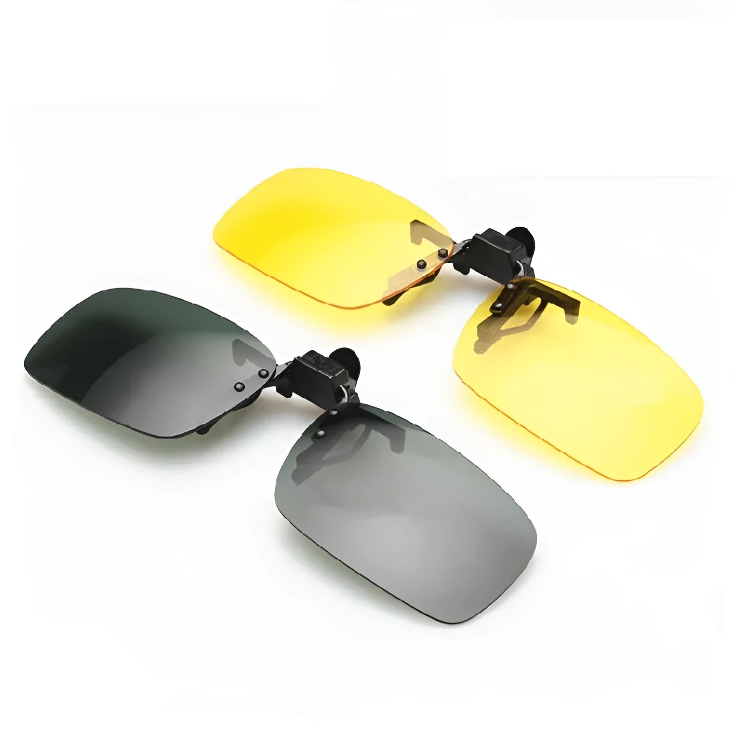 Clip-on sunglasses for prescription glasses in large and small PC frame sizes with grey, green, and night vision lenses