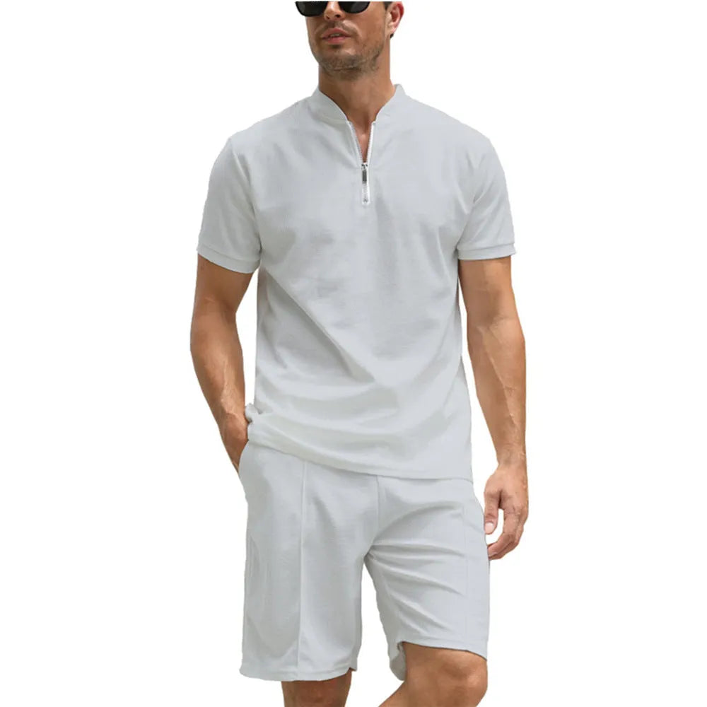 Men's solid colour polo shirt and trousers two-piece suit set in beaded bird's eye polyester fabric