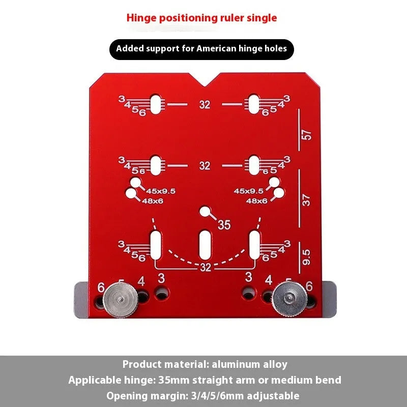 Red aluminium alloy hinge locating rule with adjustable margin settings for 35mm cabinet hinges.