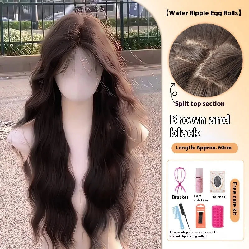 Women's full head wig with long curly artificial hair and side bangs in natural styling