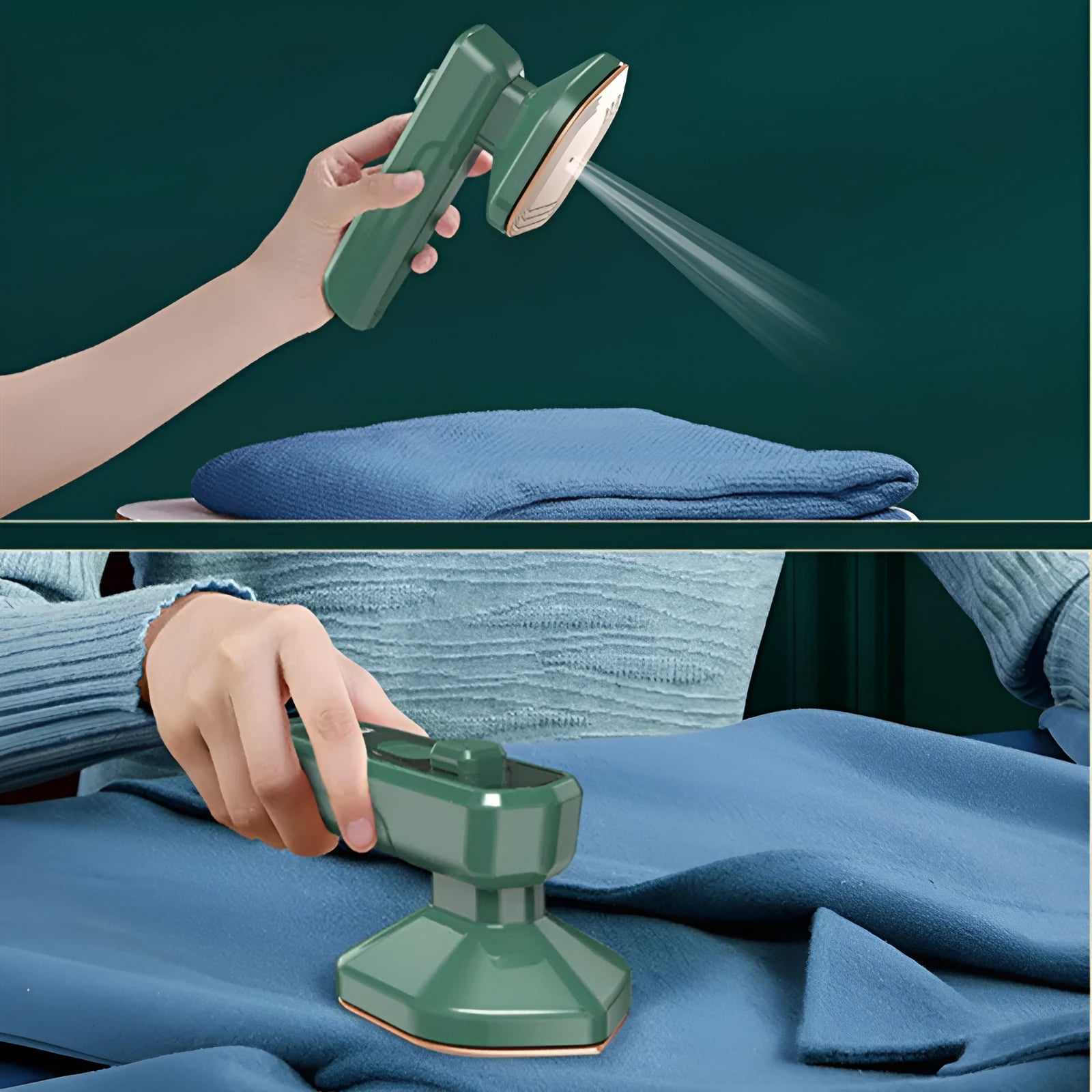 Dark green portable hanging ironing machine with ceramic panel and sharp corner design for travel use