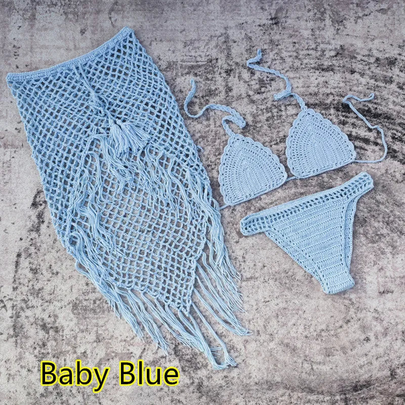 3-piece crochet bikini swimsuit set with matching beach skirt in solid colour