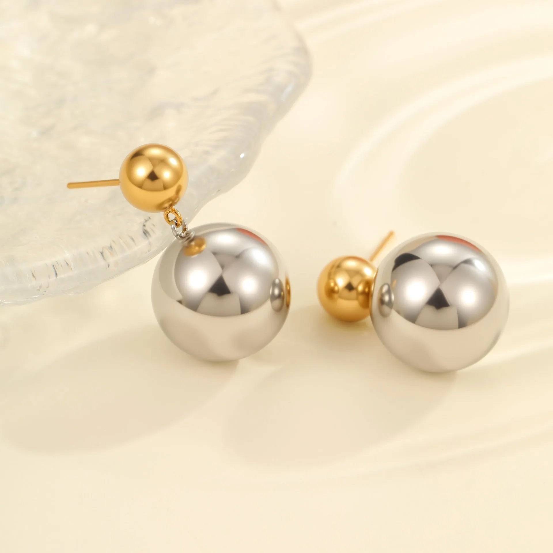Stainless steel colour-block geometric ear studs for women with round bead design