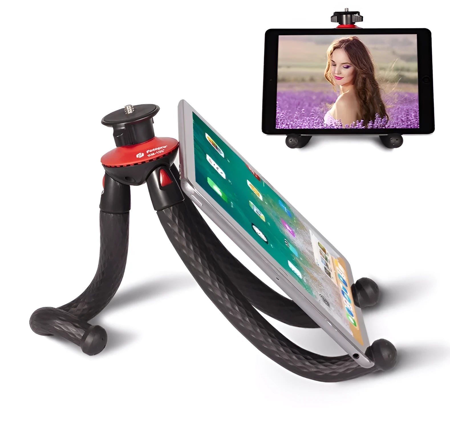 Black tripod octopus portable stand with flexible rubber legs, remote control, on a table with an iPhone