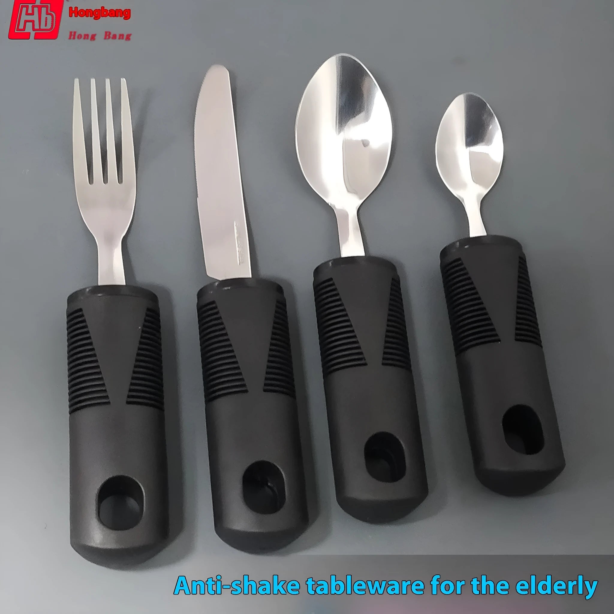 Stainless steel adaptive tableware with rubber handles in black and grey curved and straight designs