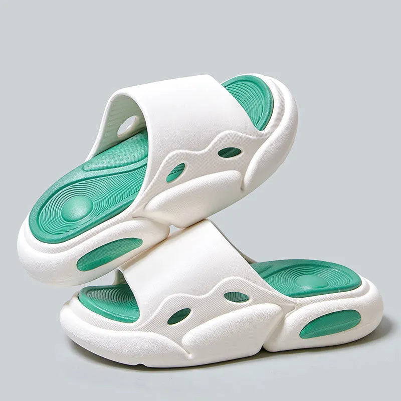 Two-colour EVA slippers for men and women with thick sole, shown in pink and purple colour option.