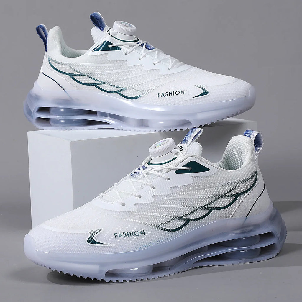 White men's casual shoes with rotating button lace system and mesh upper