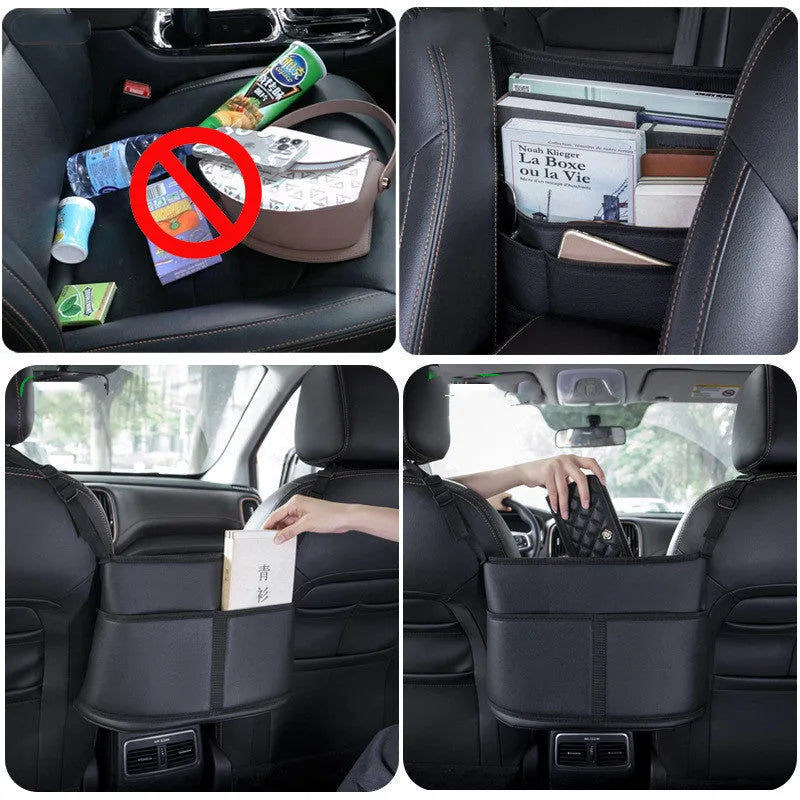 Black leather car seat storage bag with a carbon fibre pattern, shown mounted between car seats.
