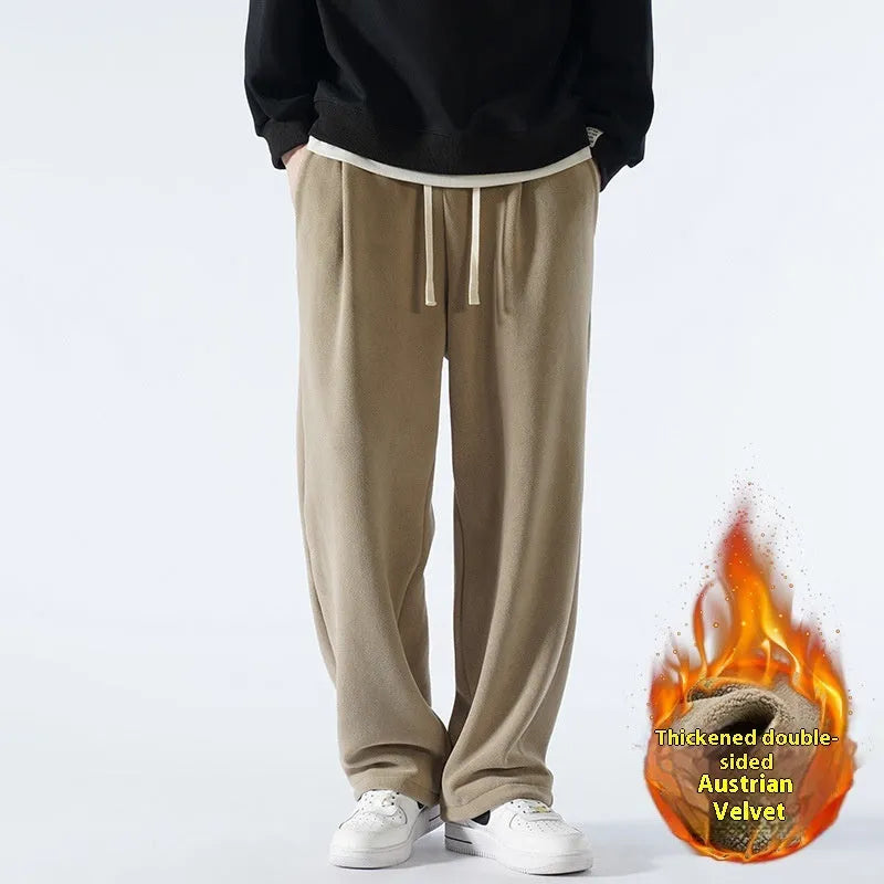 Men's fleece-lined winter sports trousers in Korean loose style with drawstring waist