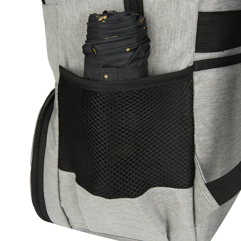 Oxford cloth insulated backpack with curved shoulder straps showing dry-wet separation compartments and 36-55L capacity