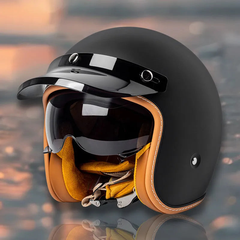 Retro-style half helmet for motorcycles on a plain background, shown in a bright yellow KT67 colour variant.