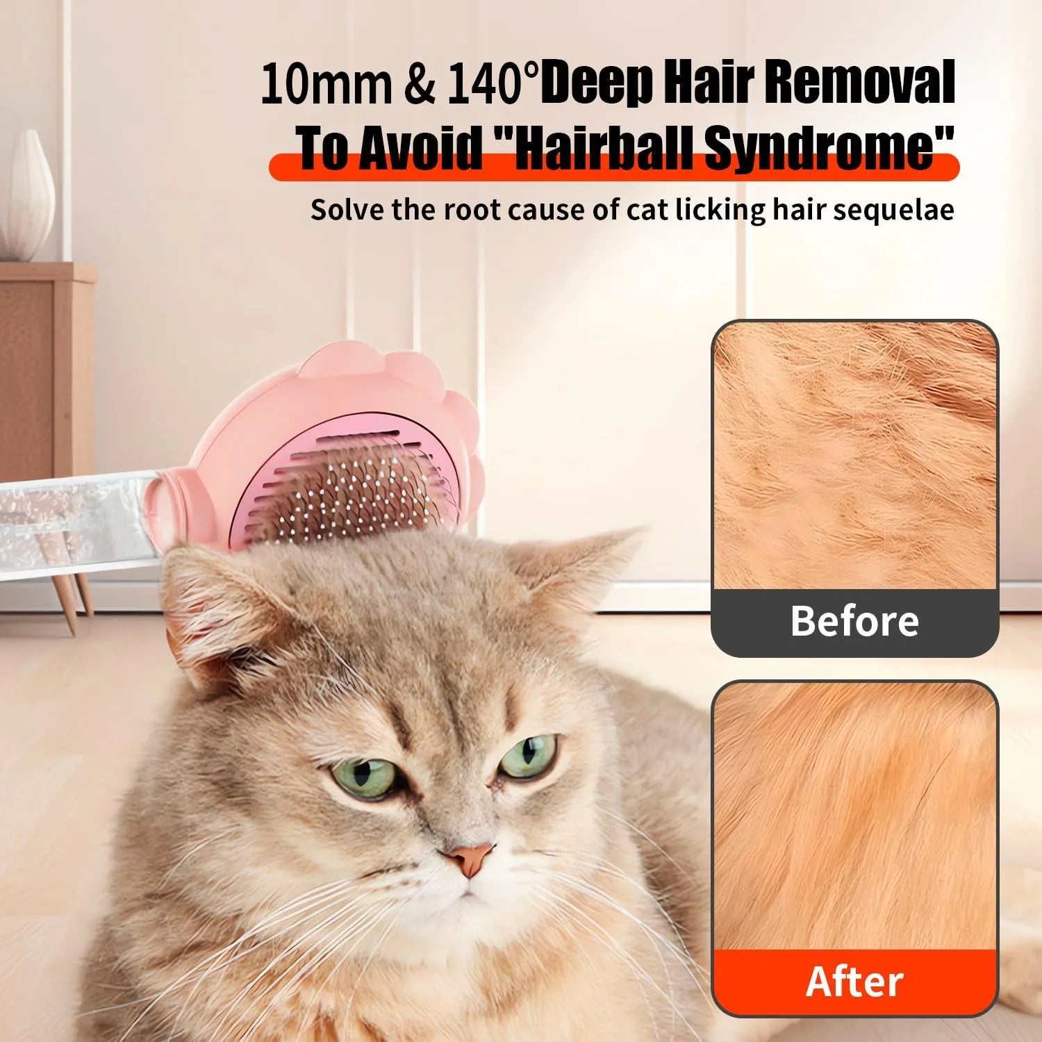 Grey spray cat brush with self-cleaning button and stainless steel bristles on a white background.