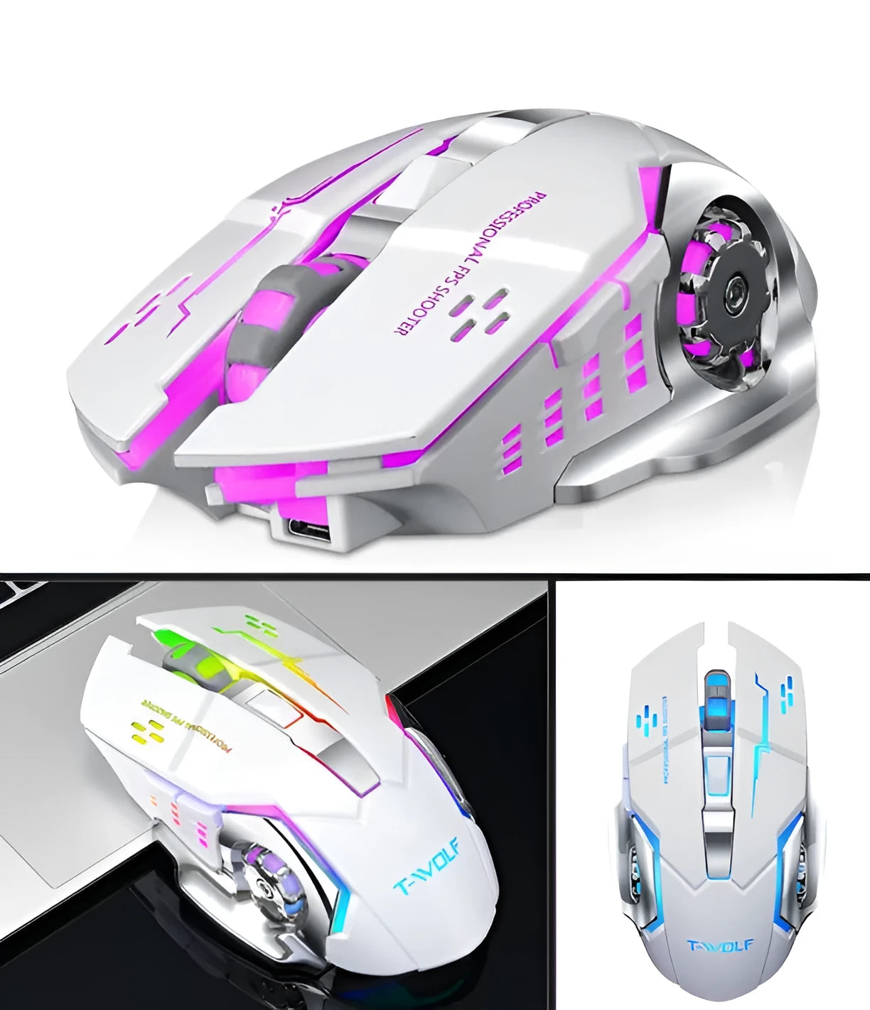 Wireless charging mouse with mute click buttons in black or white colour options