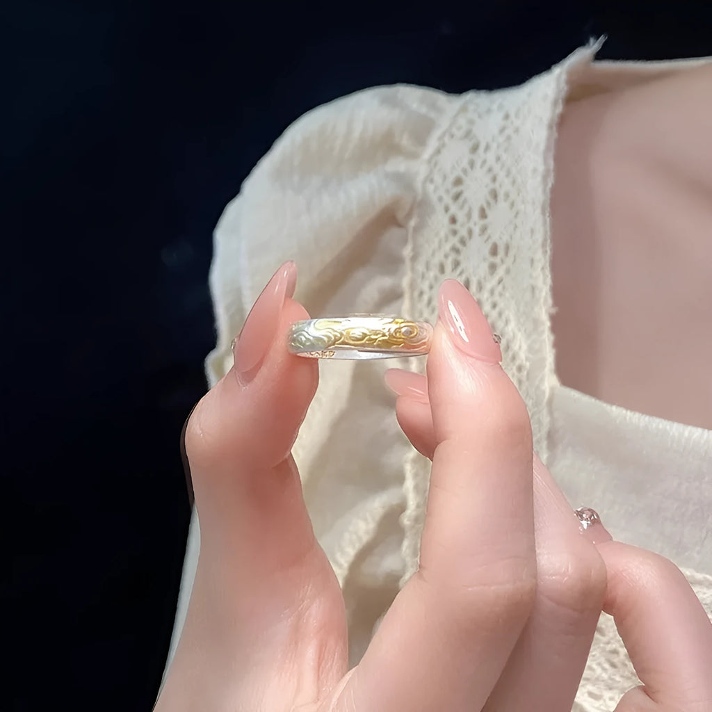 Xiangyun pattern white copper ring with gold electroplating and open mouth adjustable design