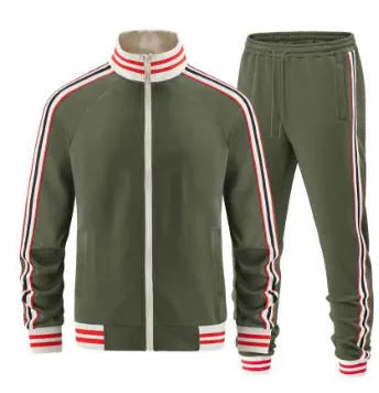 Khaki coloured polyester turtleneck zipper cardigan top and matching trousers leisure suit