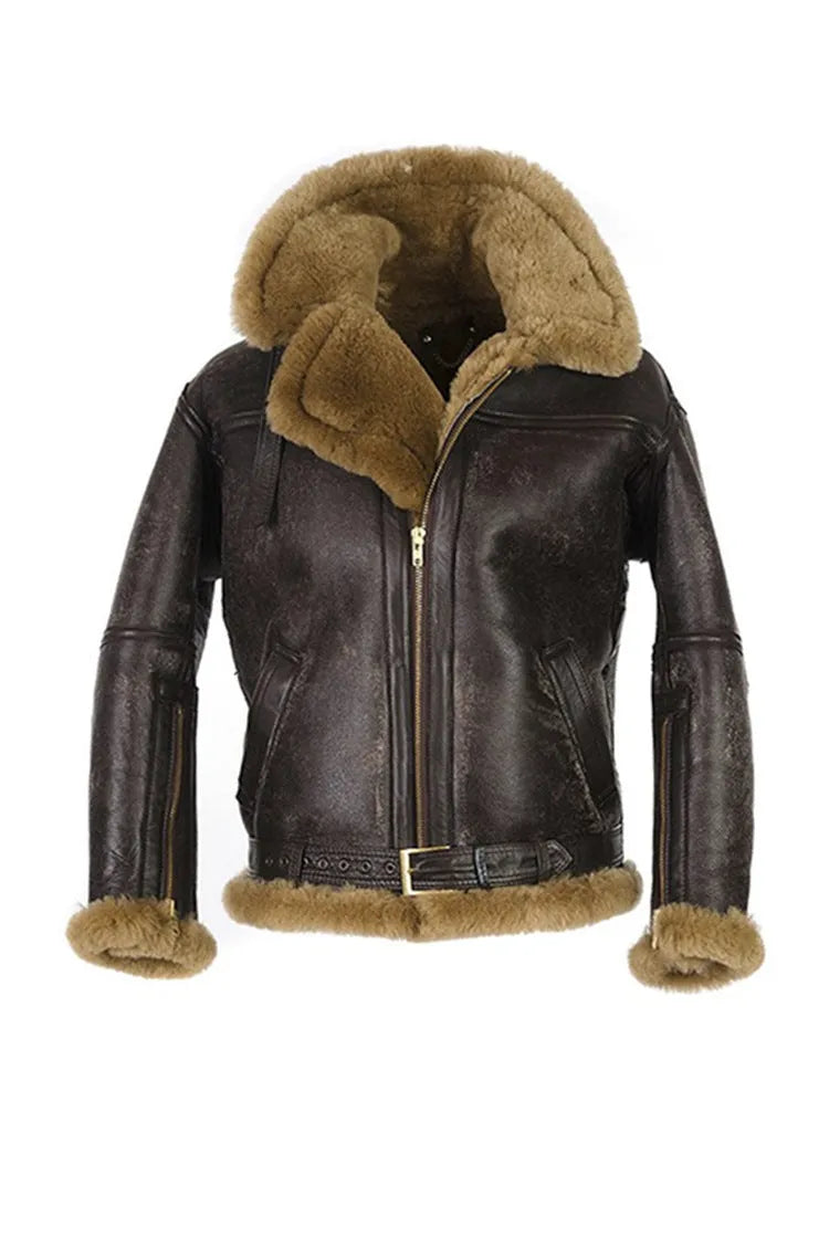 Men's brown synthetic fur coat with vintage styling and medium length design