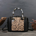 Brown cowhide leather retro messenger bag with multiple pockets showing horizontal square shape and shoulder strap