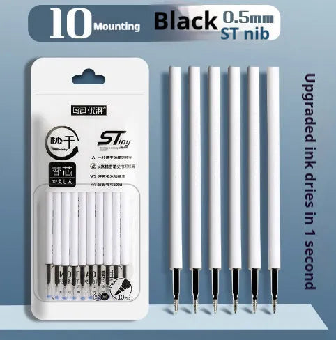 Pack of ten quick-drying pen refill cartridges in black, blue, red, and ink blue colours