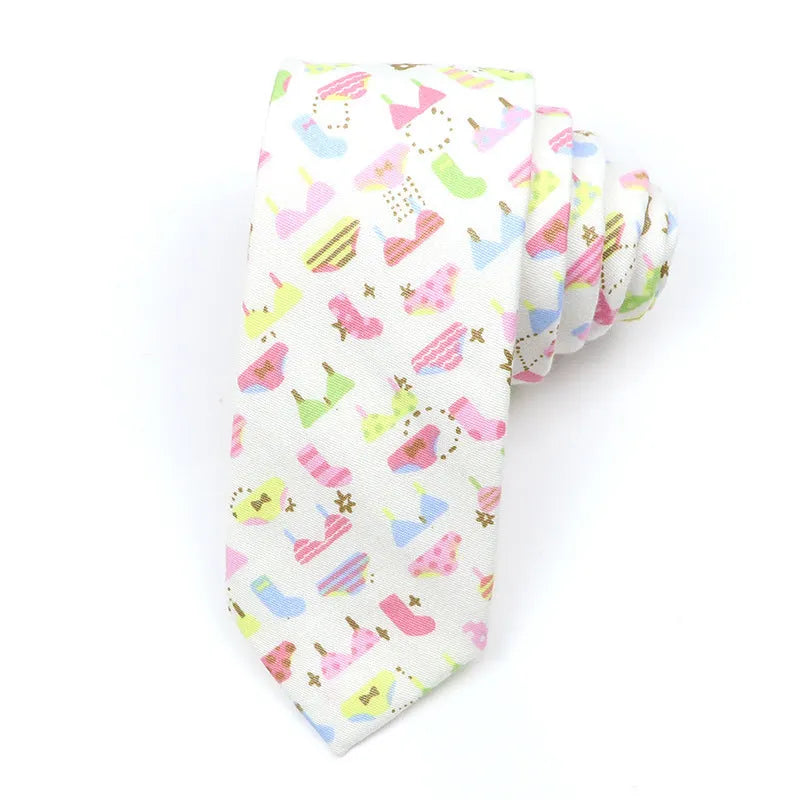 Korean style narrow men's cotton bow tie with a cartoon print pattern on an adjustable neck band.