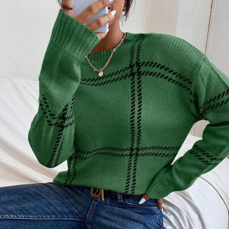 Women's loose fit plaid colour-block acrylic pullover sweater with striped pattern.