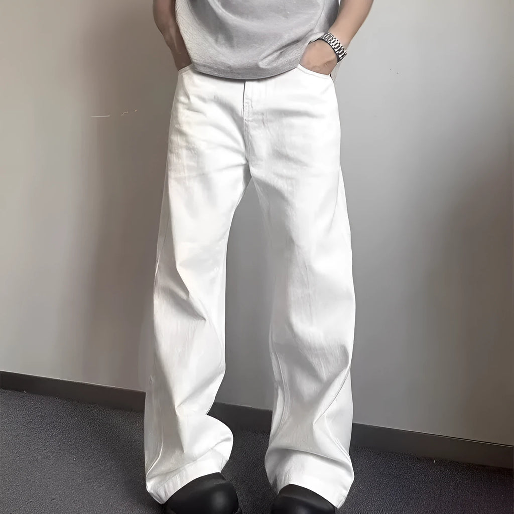 Men's white straight leg wide jeans with American high street styling