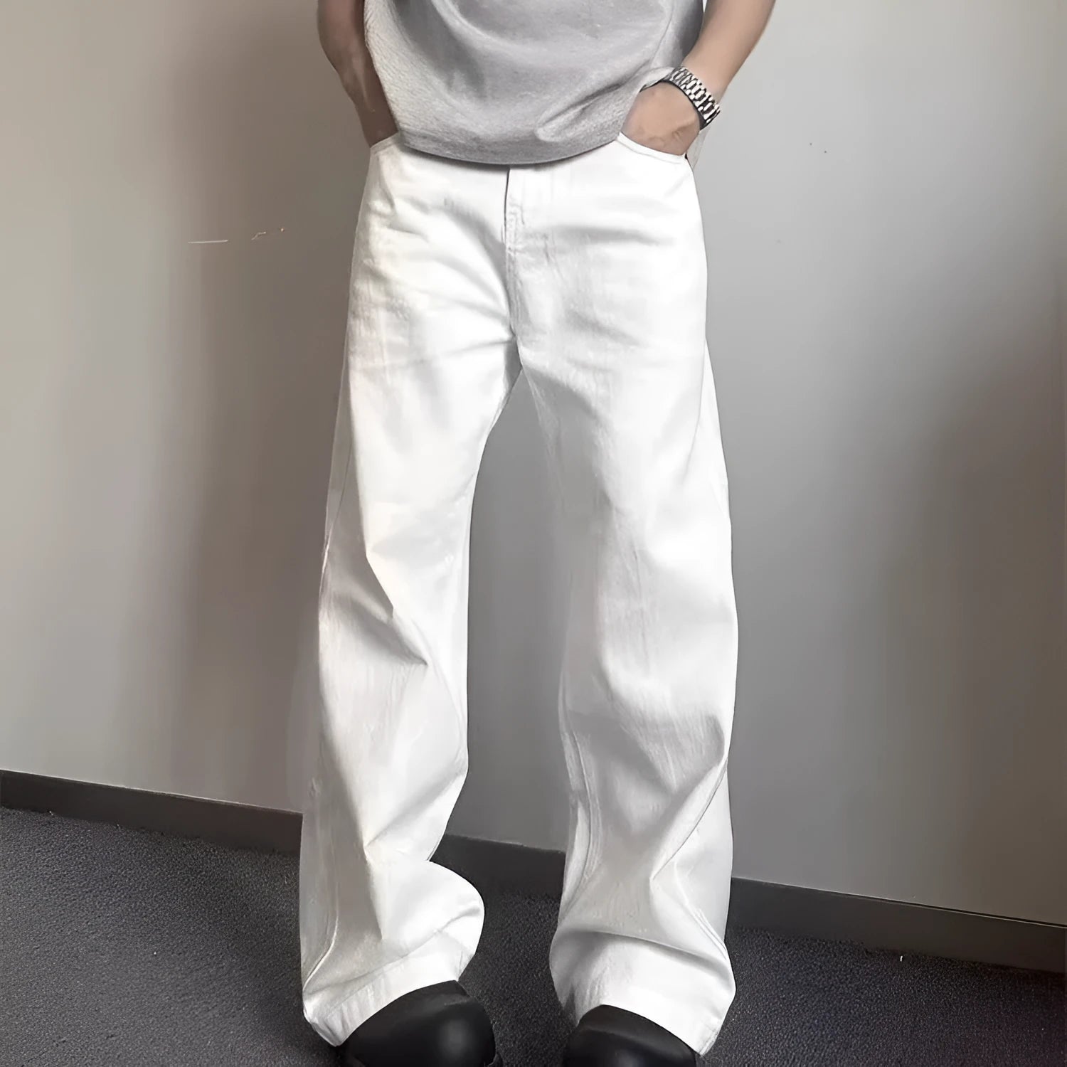 Men's white straight leg wide jeans with American high street styling