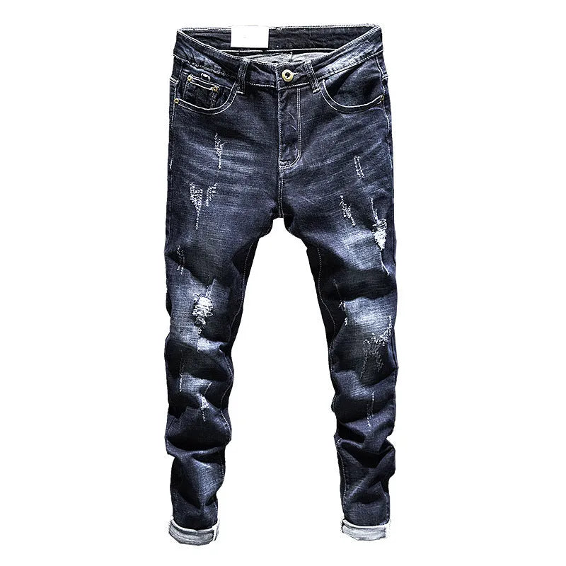 Men's slim-fit skinny jeans in dark blue and light blue cotton denim with micro-elastic fabric