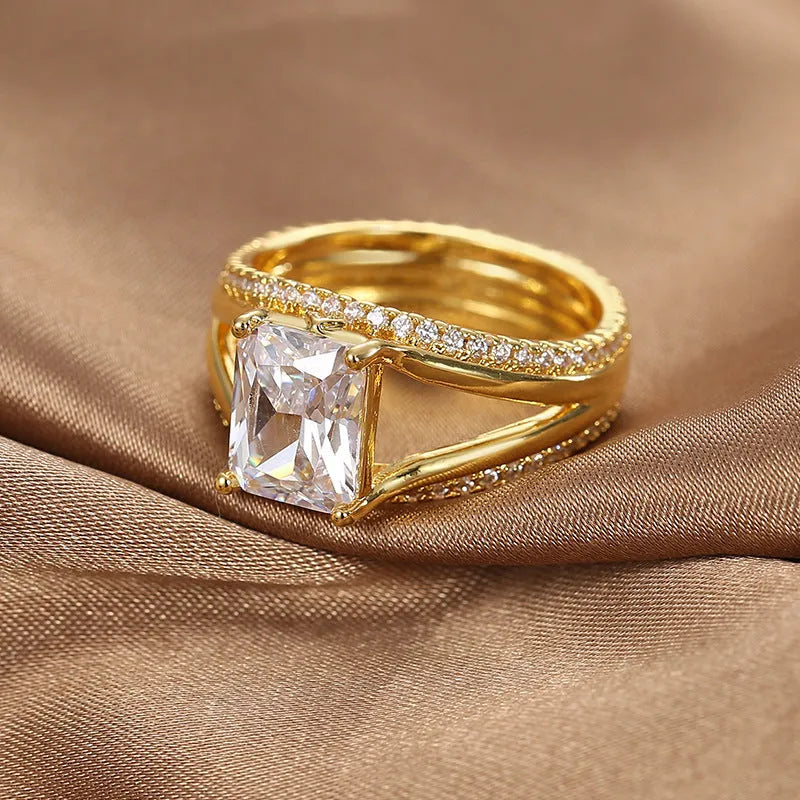 Gold geometric women's ring with square zircon stone on copper base