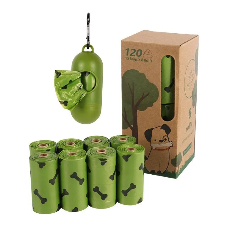 Military green degradable dog poop bags with black bone print, measuring 23 by 33 centimetres