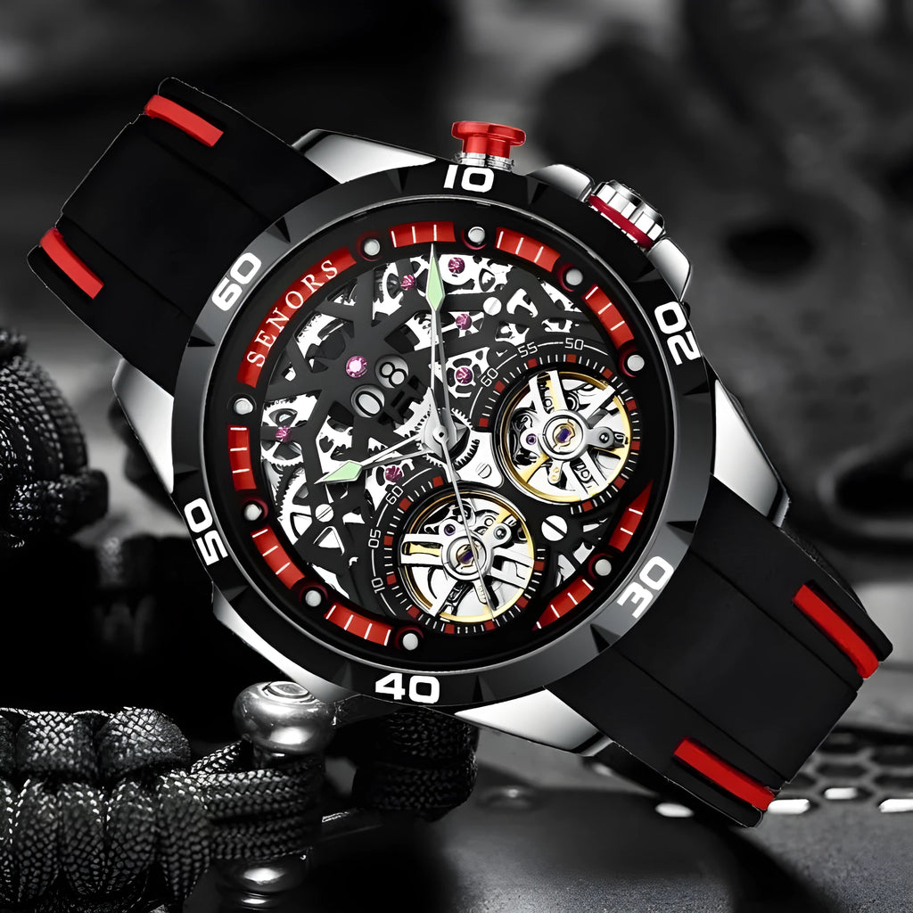 Men's automatic mechanical watch with hollow dial showing movement, luminous markers, blue or red options