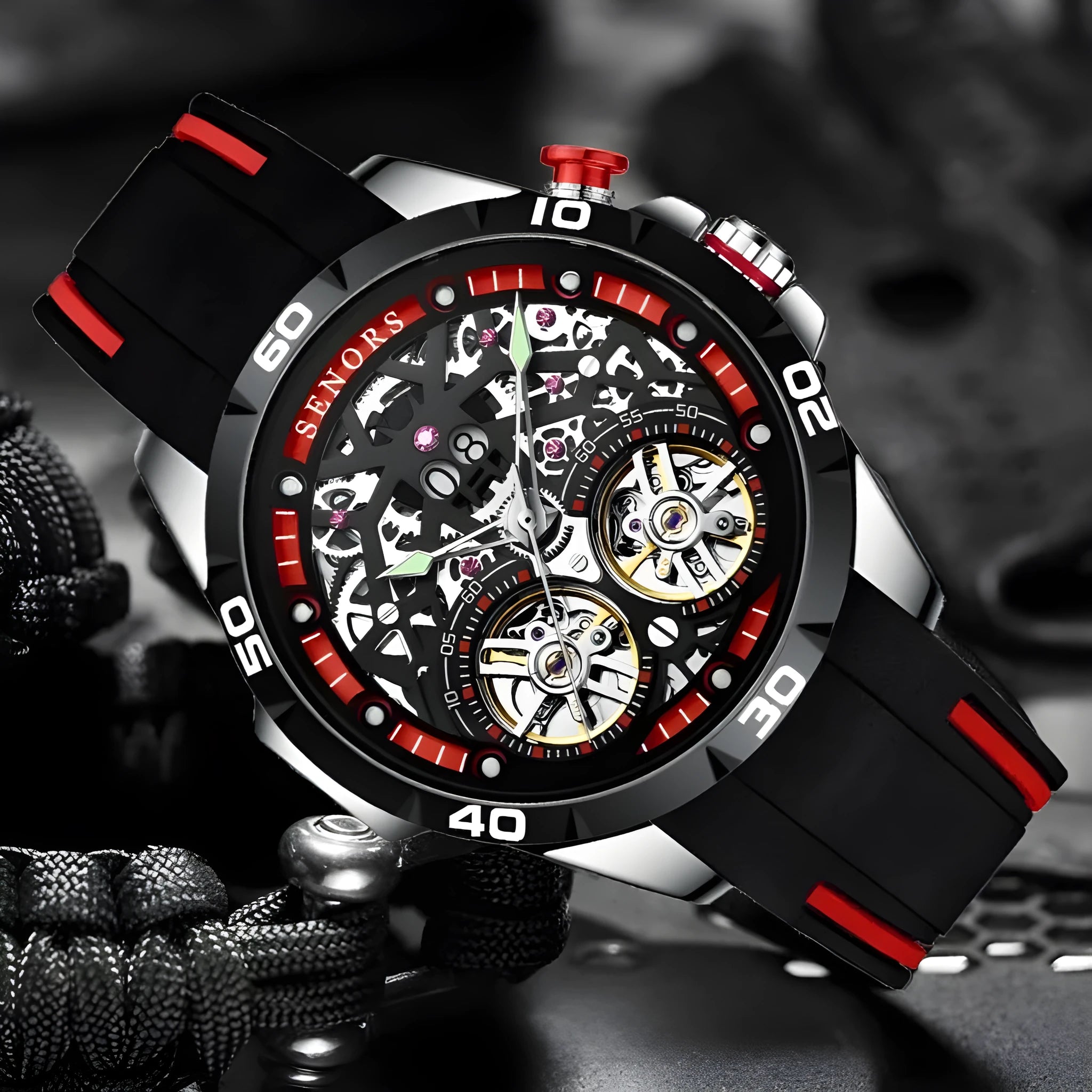 Men's automatic mechanical watch with hollow dial showing movement, luminous markers, blue or red options