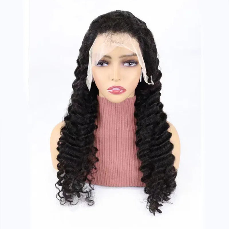 Solid colour human hair wig with half lace cap construction shown at medium length