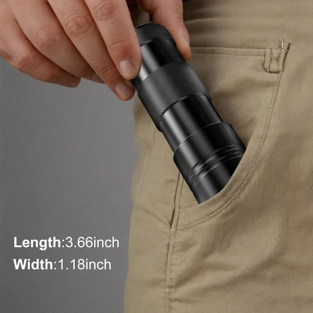 Black aluminium UV flashlight torch for detecting pet urine stains and insects on a dark surface.