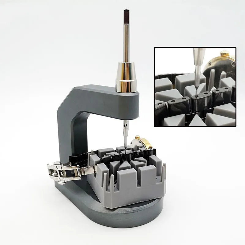 Silver tool steel press strap removal tool with blades for 0.50mm to 1.60mm spring bars.