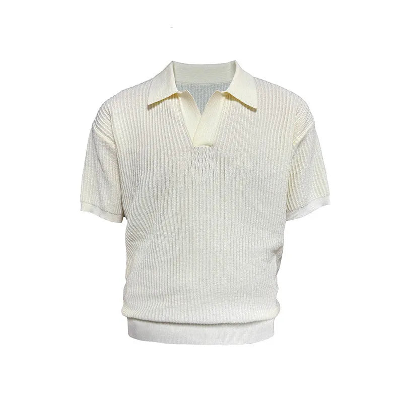 Men's loose fit polo shirt with business stripes in ice silk fabric, shown in creamy-white colour
