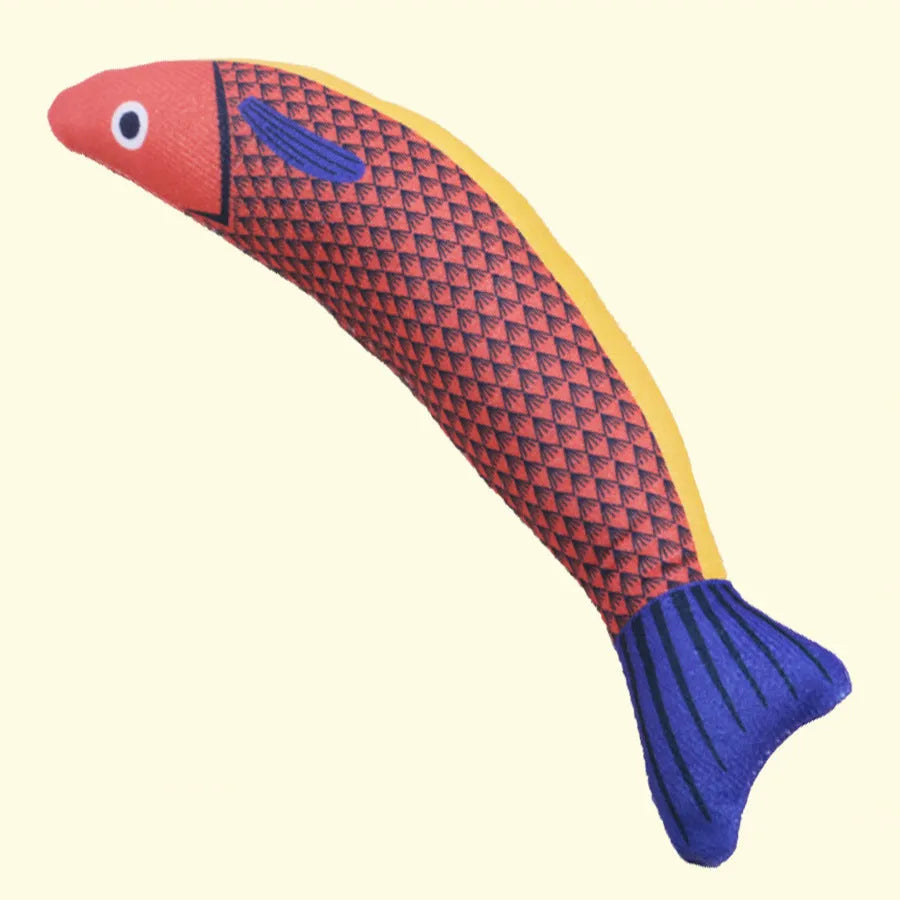 Soft plush catnip fish toy in bright colours with crinkle sounds for interactive cat play