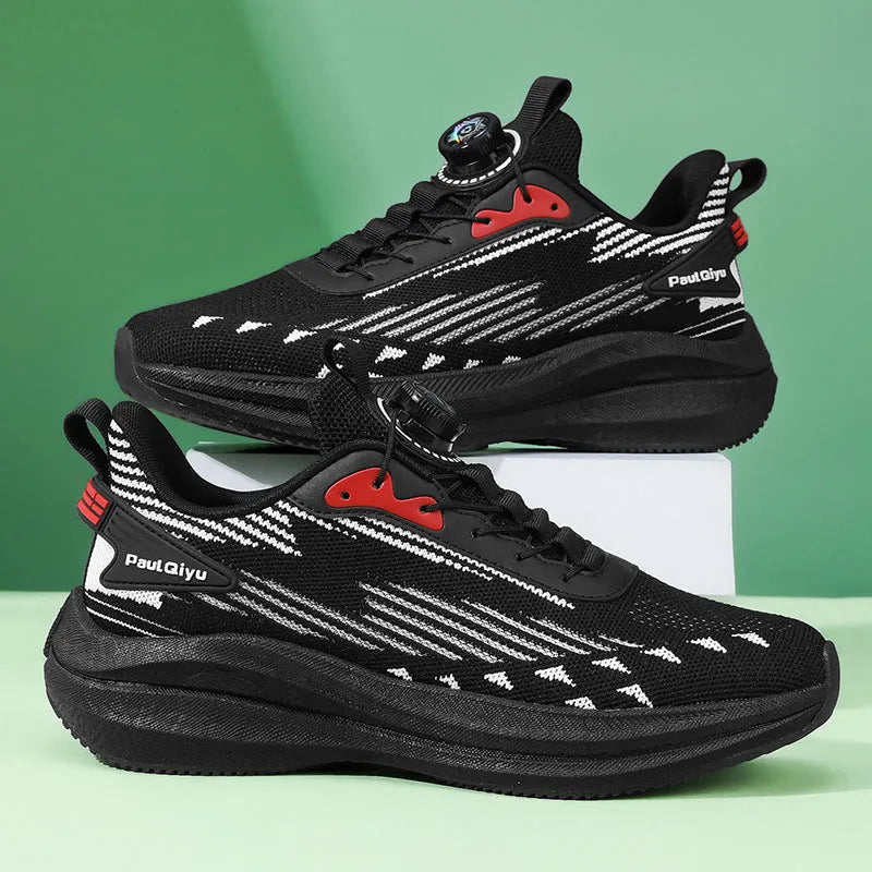 Men's black and gray Fly-knit casual running shoes with a rotating buckle on the laces.